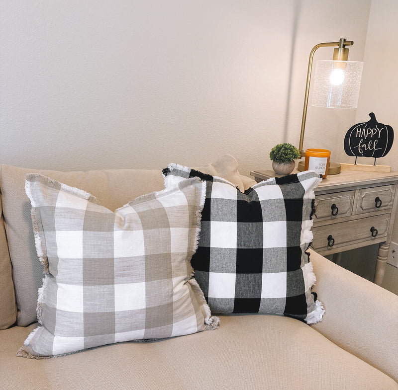 Buffalo Check Fringe Pillow Cover - Taupe