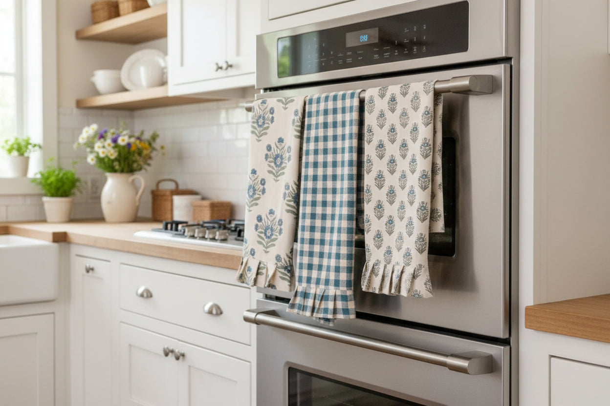 blue block print farmhouse tea towels