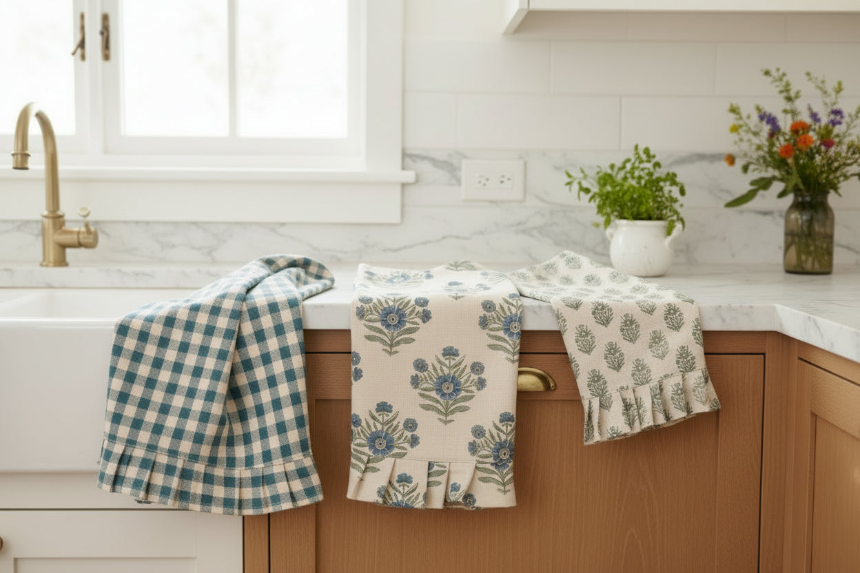 cottage kitchen tea towels blue print