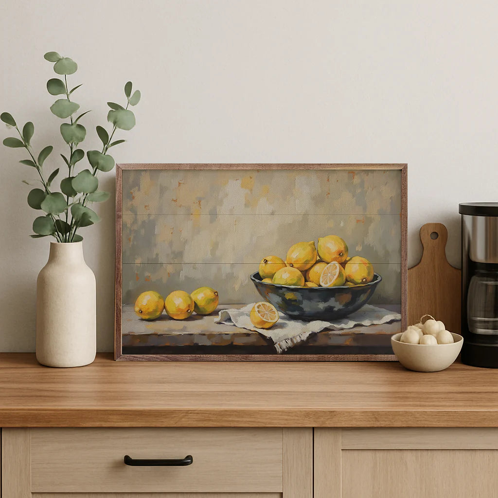 Bowl of lemons wall art in farmhouse kitchen decor