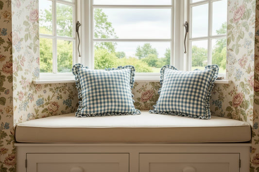 Cottage blue check ruffled throw pillow on neutral window seat