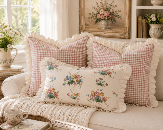 Gingham Floral Cottage Ruffled Cotton Pillow Covers - Set of 3