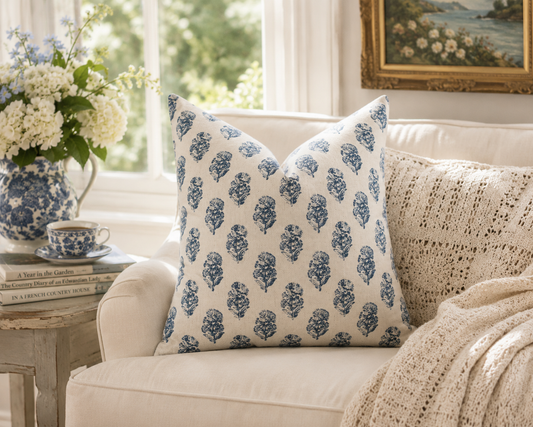 Coastal Blue Floral Cottage Farmhouse Pillow