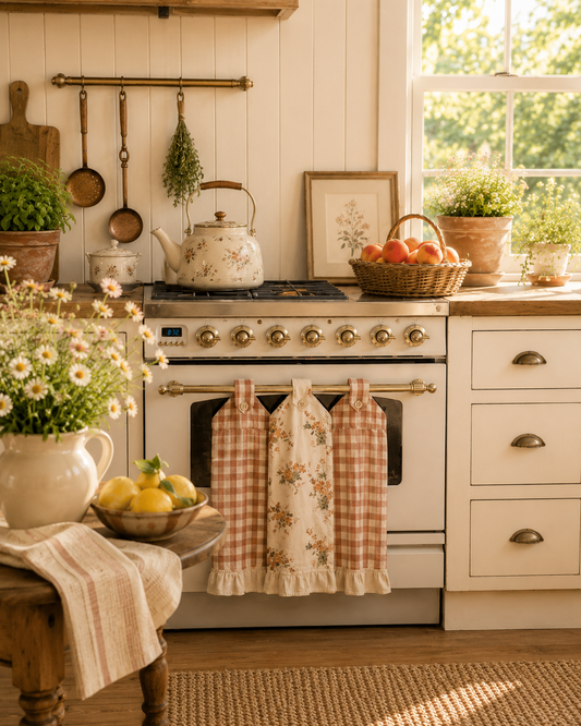 Gingham Floral Cottage Farmhouse Ruffled Kitchen Towels Set of 3