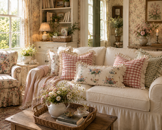 Gingham Floral Cottage Ruffled Cotton Pillow Covers - Set of 3