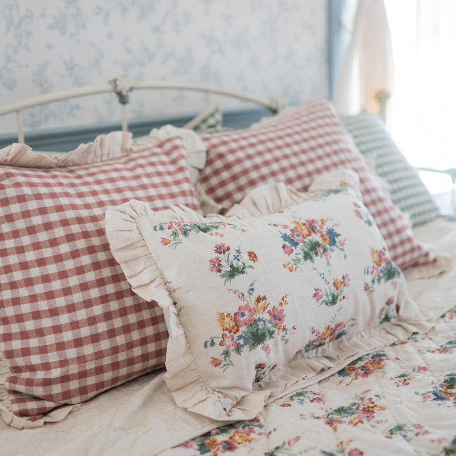 Gingham Floral Cottage Ruffled Cotton Pillow Covers - Set of 3