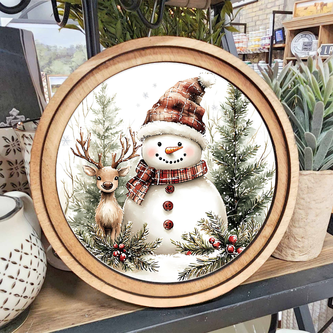 Snowman With Deer Framed Art