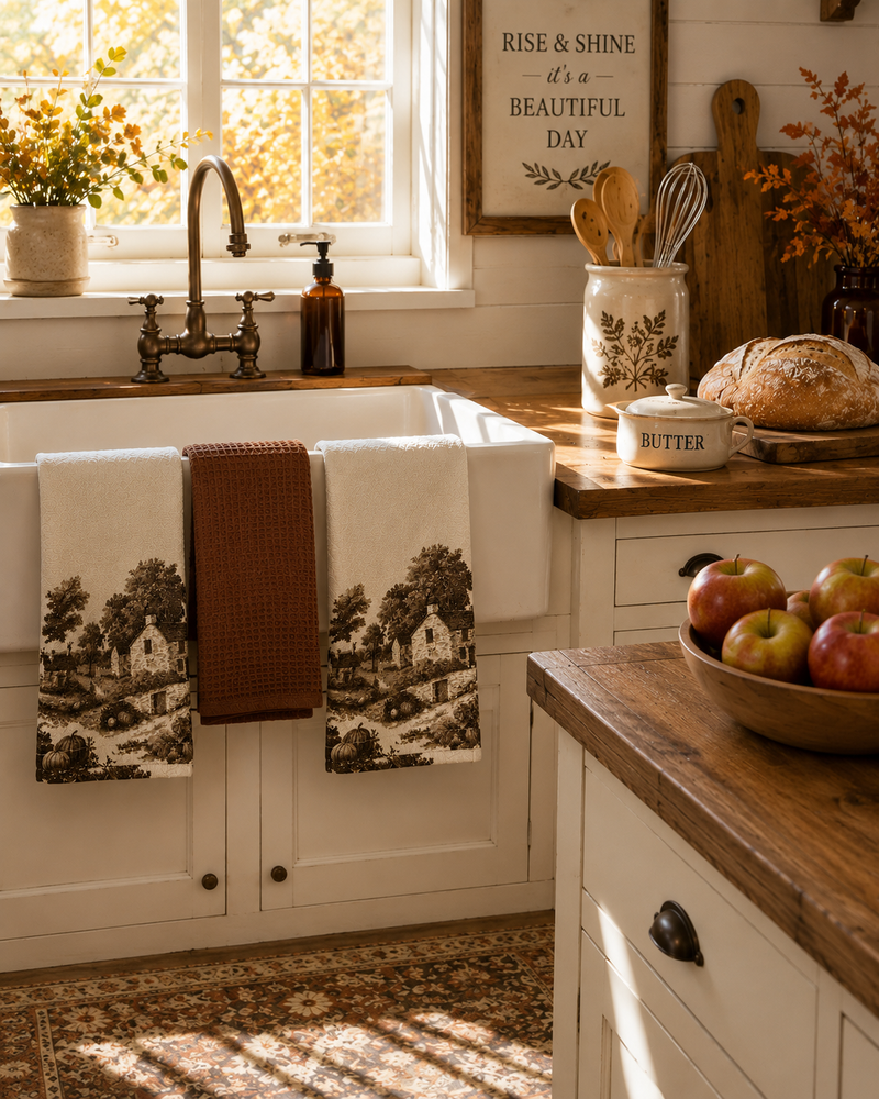 Harvest Toile Kitchen Towels - Set of 3