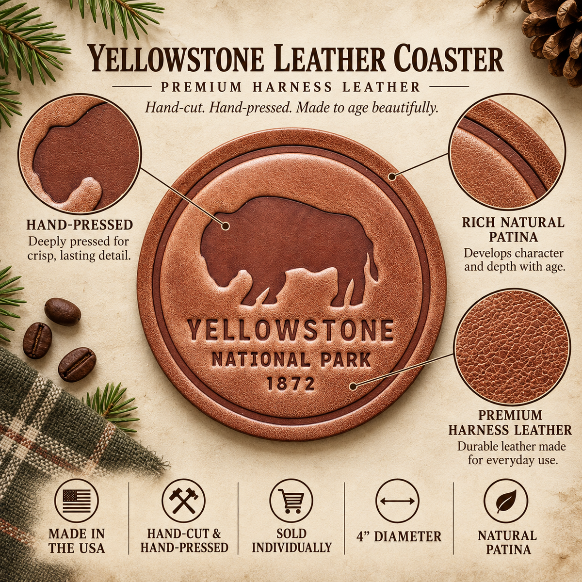 Yellowstone National Park Leather Coaster