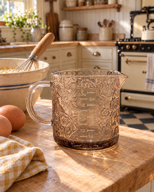 Beige Floral Cottage Farmhouse Glass Measuring Cup | 16oz