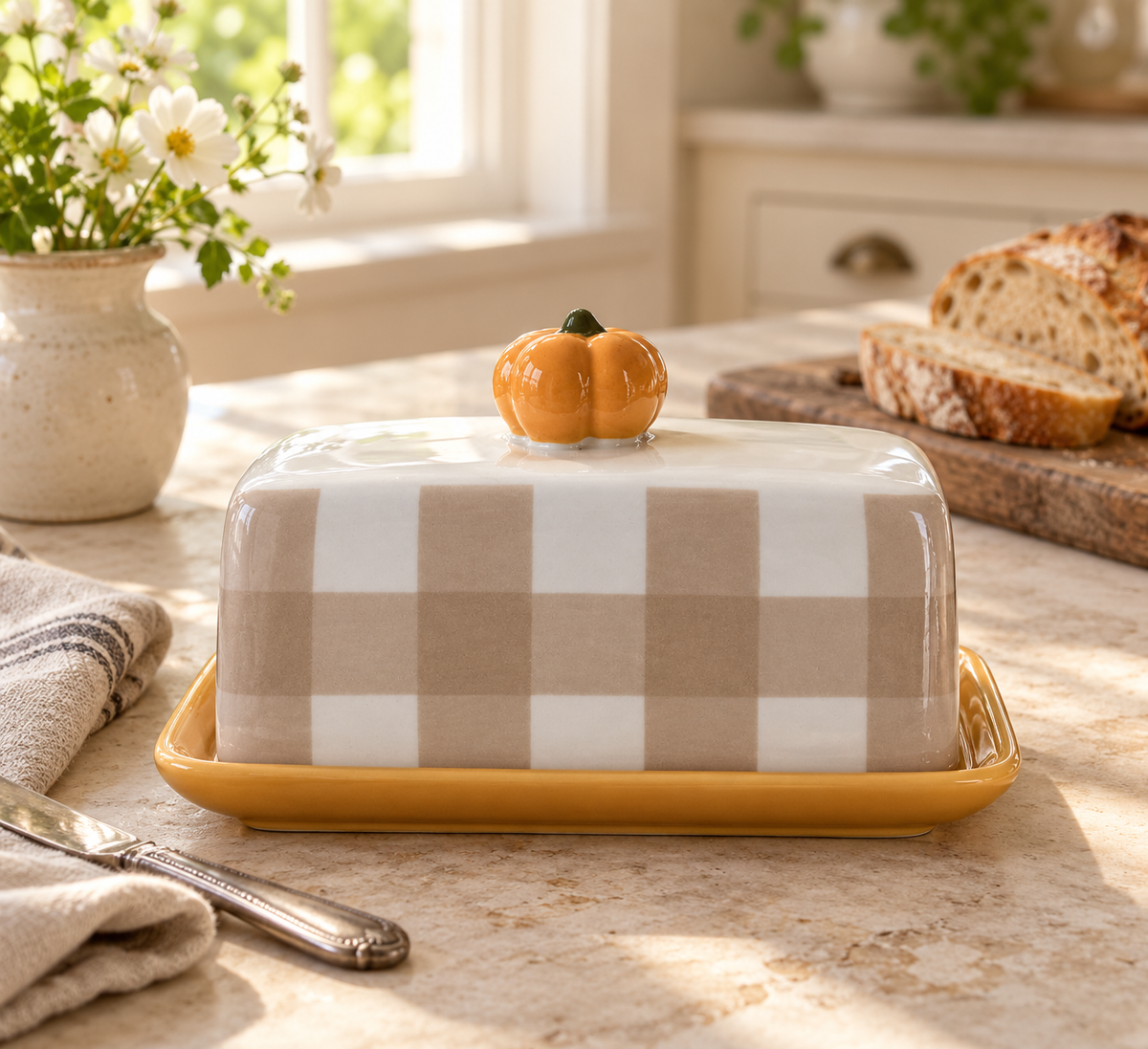 Farmhouse Heritage Fall Plaid Pumpkin Butter Dish