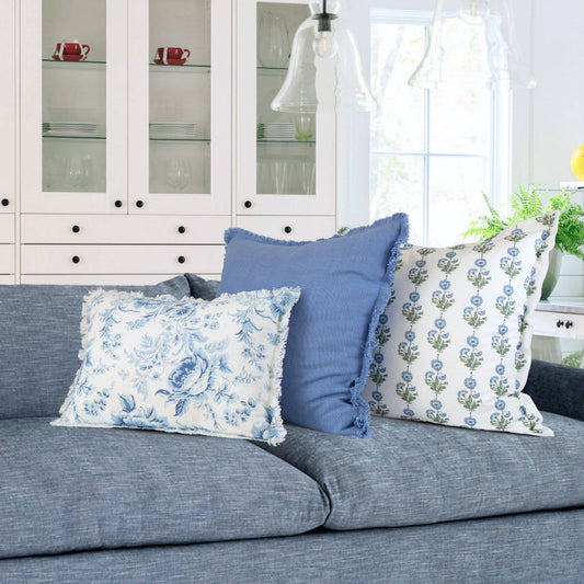 Amalthea Linen Block Print Pillow Cover in Blue