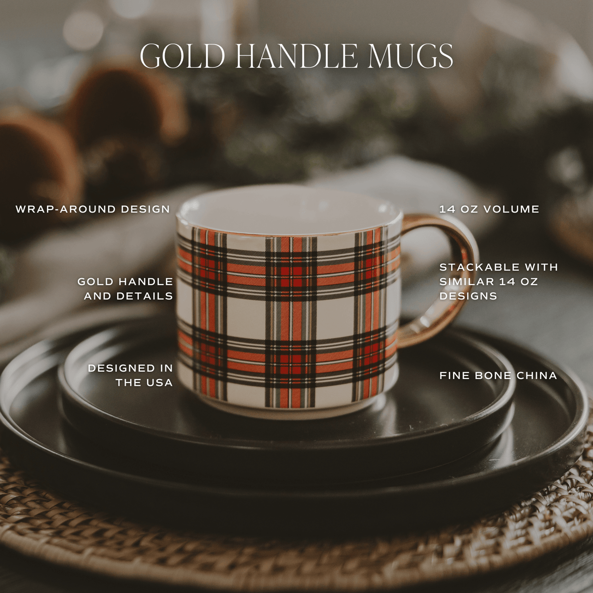 Red Plaid Gold Handle Coffee Mug | 14 oz