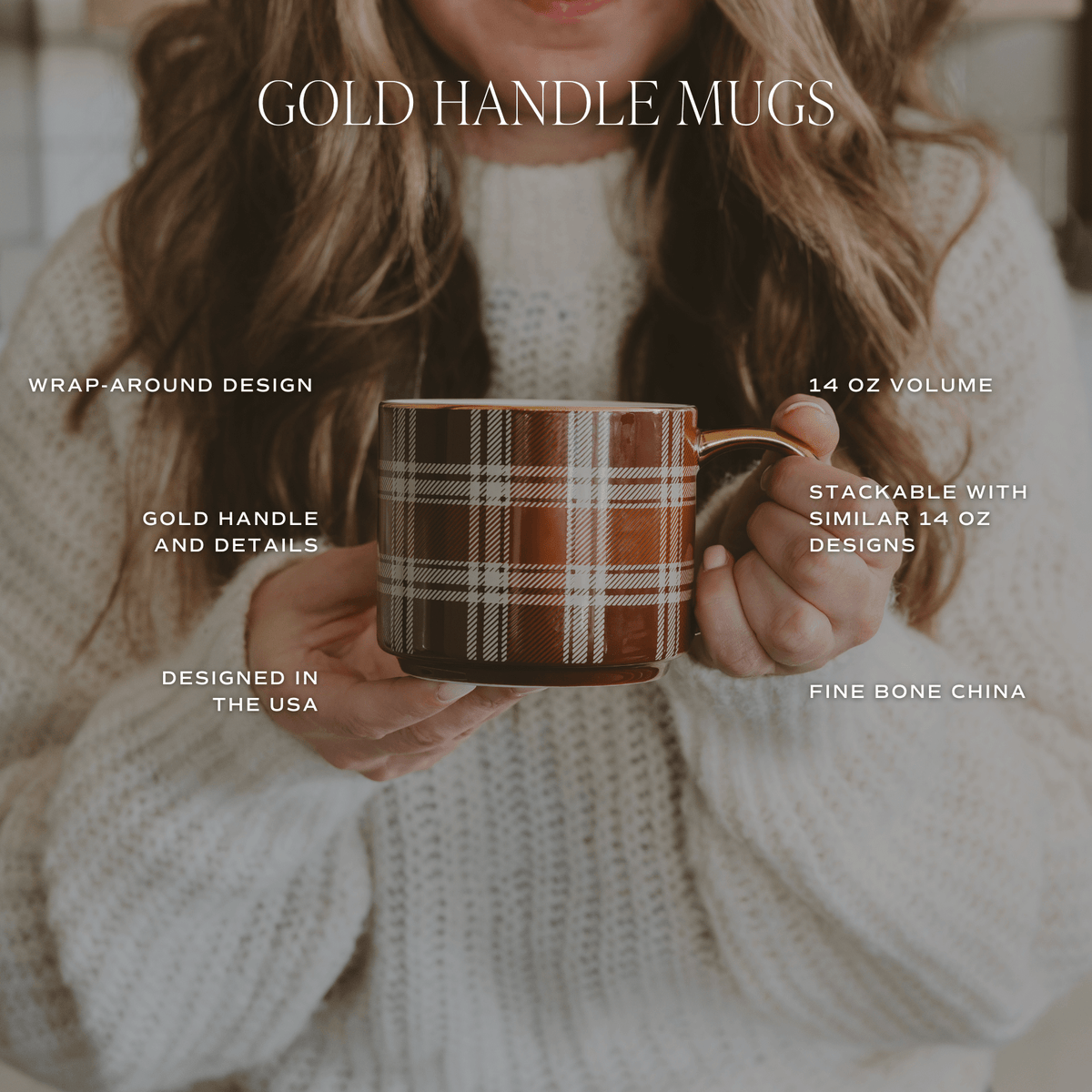 Orange Navy Plaid Gold Handle Coffee Mug