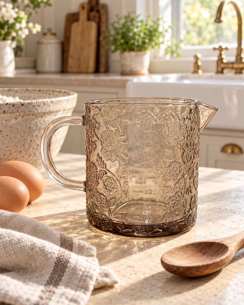 Beige Floral Cottage Farmhouse Glass Measuring Cup