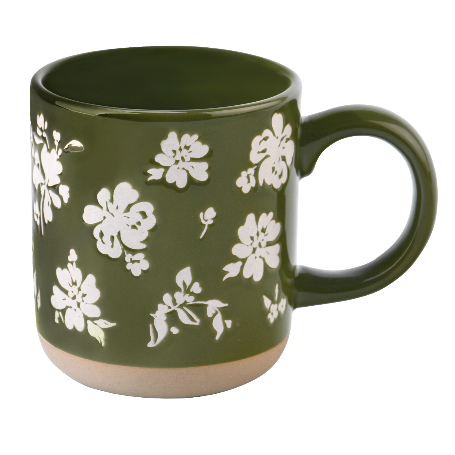 Green Floral Stoneware Coffee Mug