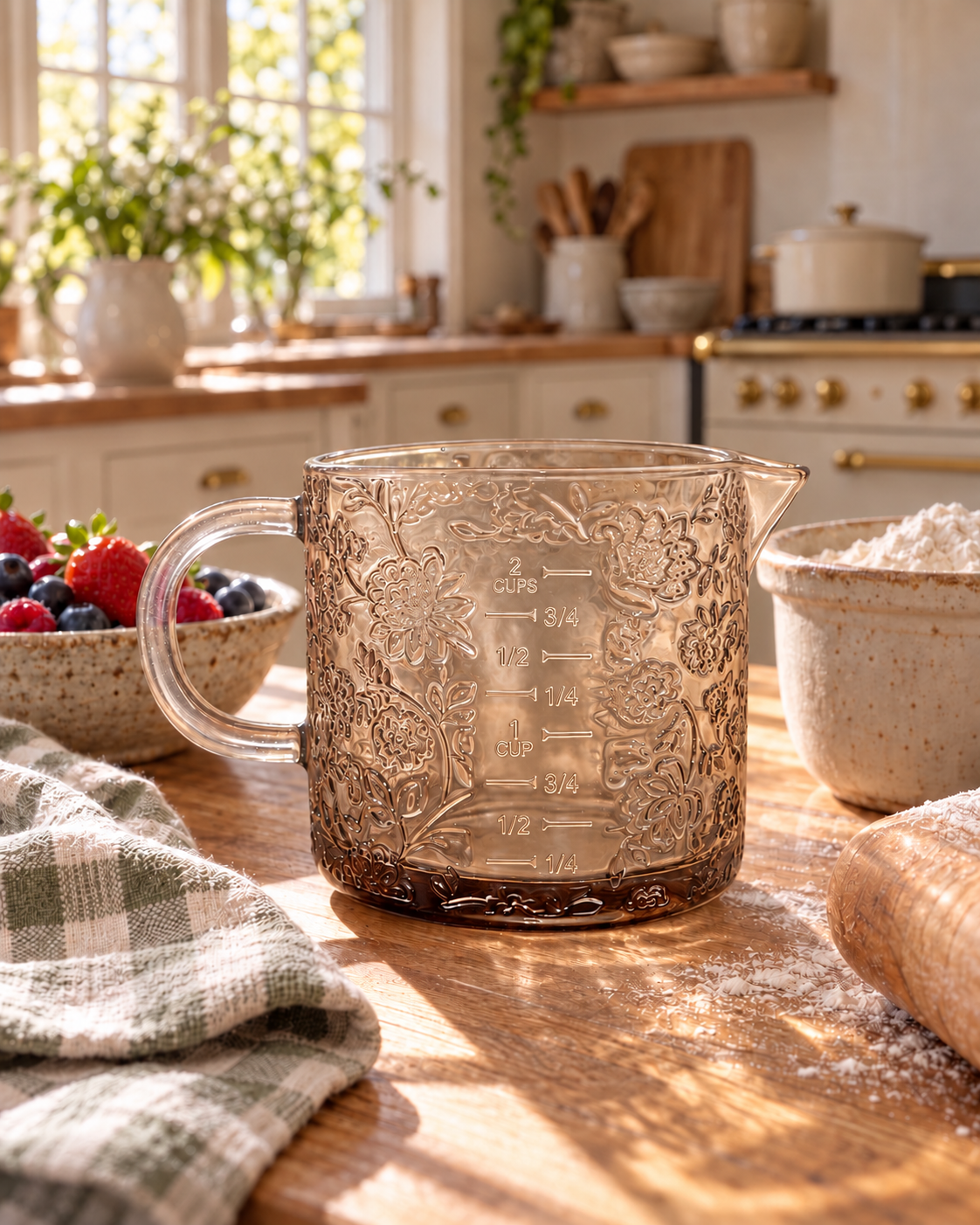 Beige Floral Cottage Farmhouse Glass Measuring Cup | 16oz