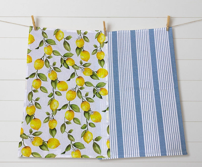 Lemons + Blue Stripe Tea Towel Set