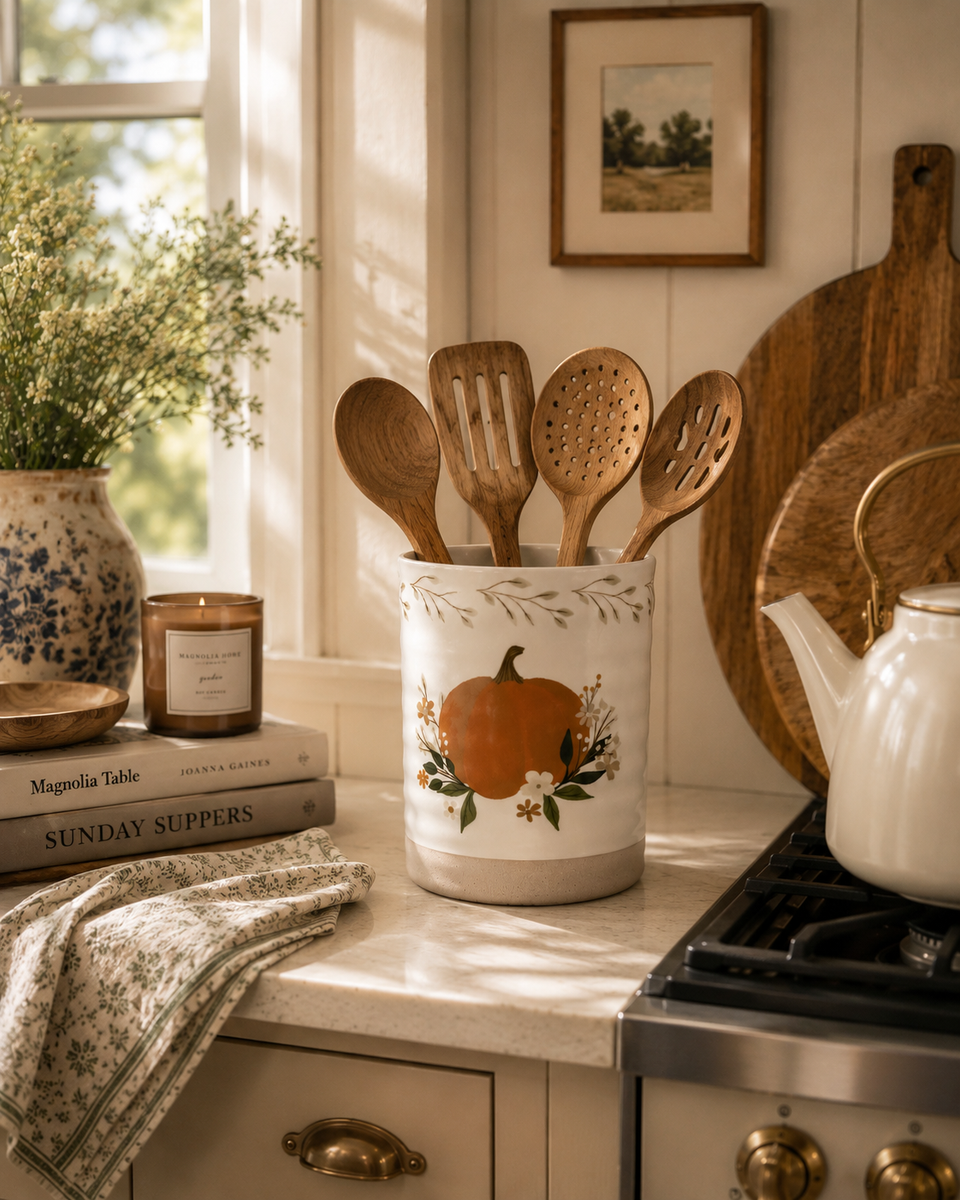 Floral Pumpkin Stoneware Utensil Crock