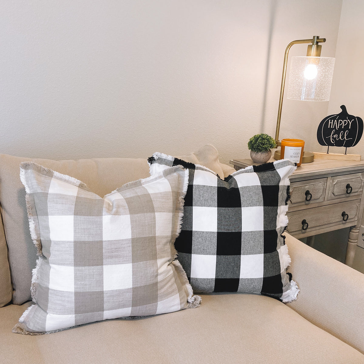 Buffalo Check Fringe Pillow Cover - Taupe