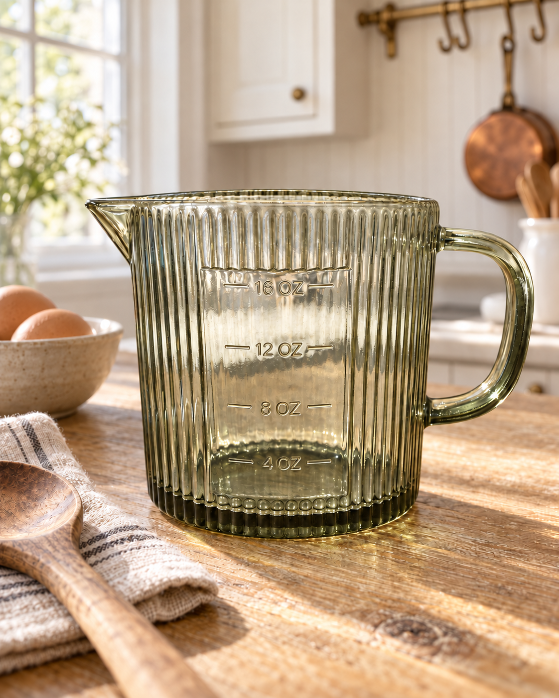Green Ribbed Glass Measuring Cup | 16oz