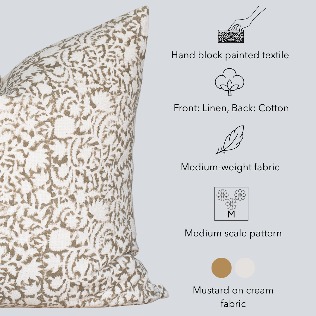 Ochre Floral Block Printed Pillow Cover