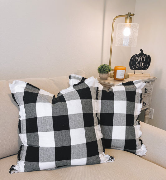 Buffalo Check Fringe Pillow - Black