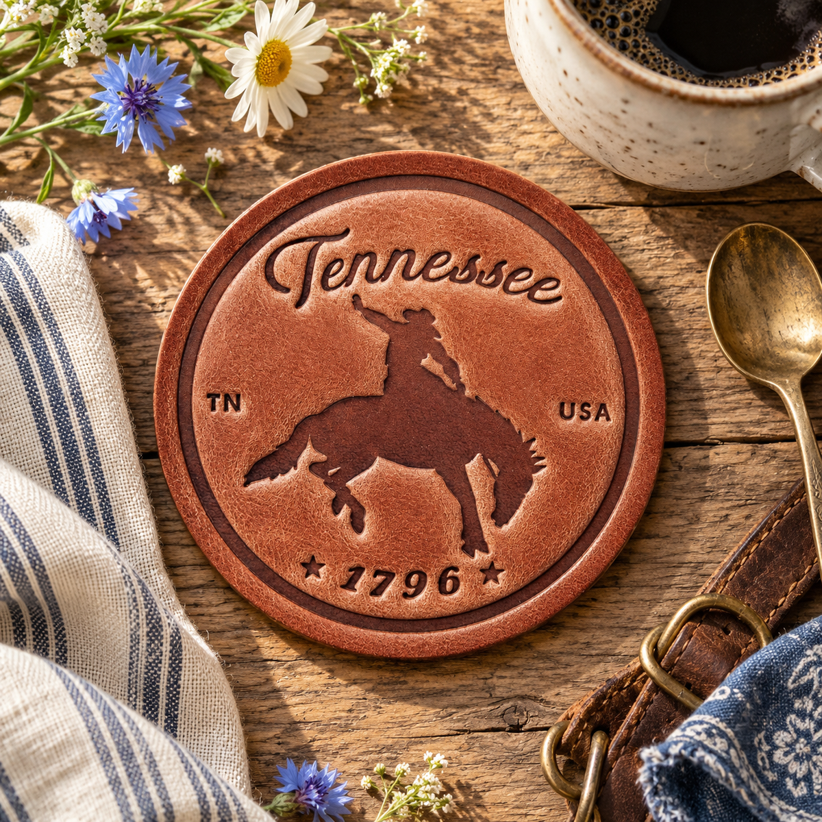 Tennessee Bronco Leather Coaster