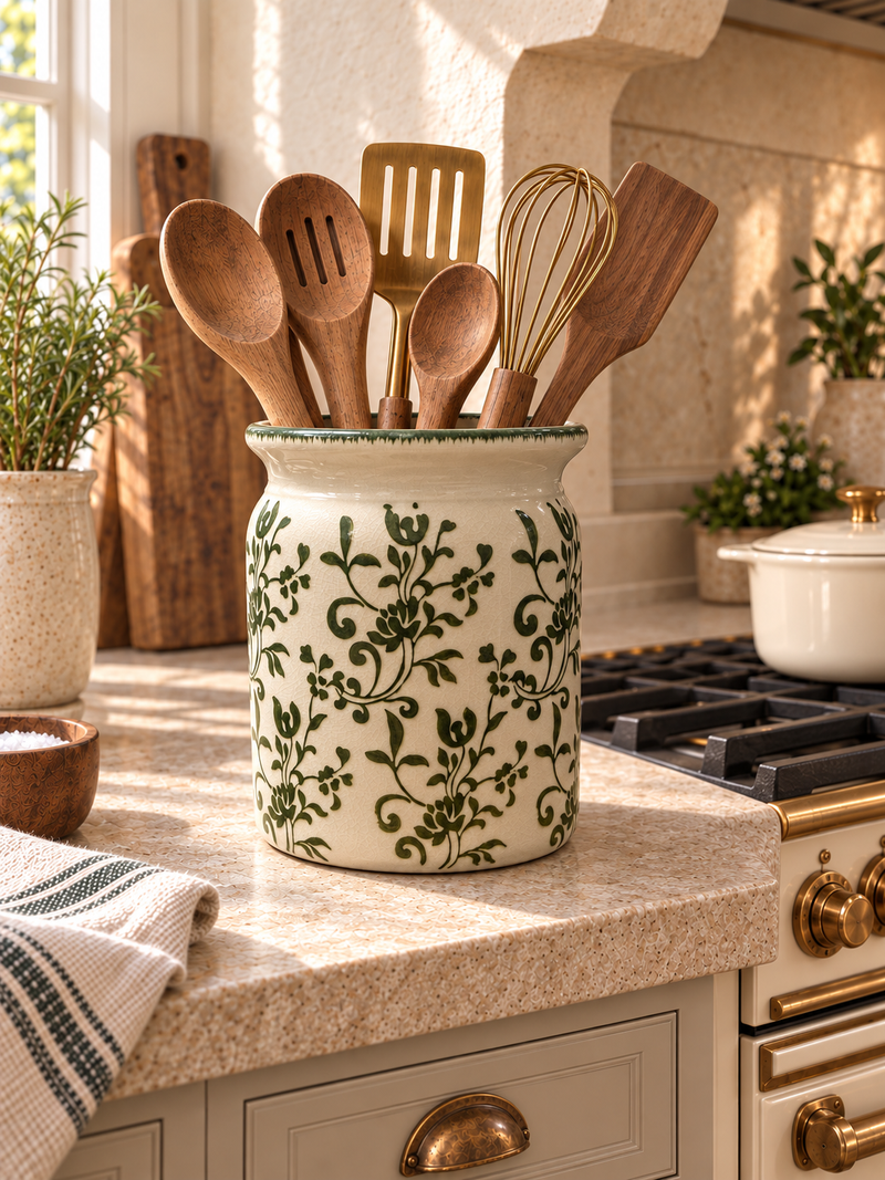 Olive Vine Ceramic Utensil Crock | Green Floral Kitchen Crock