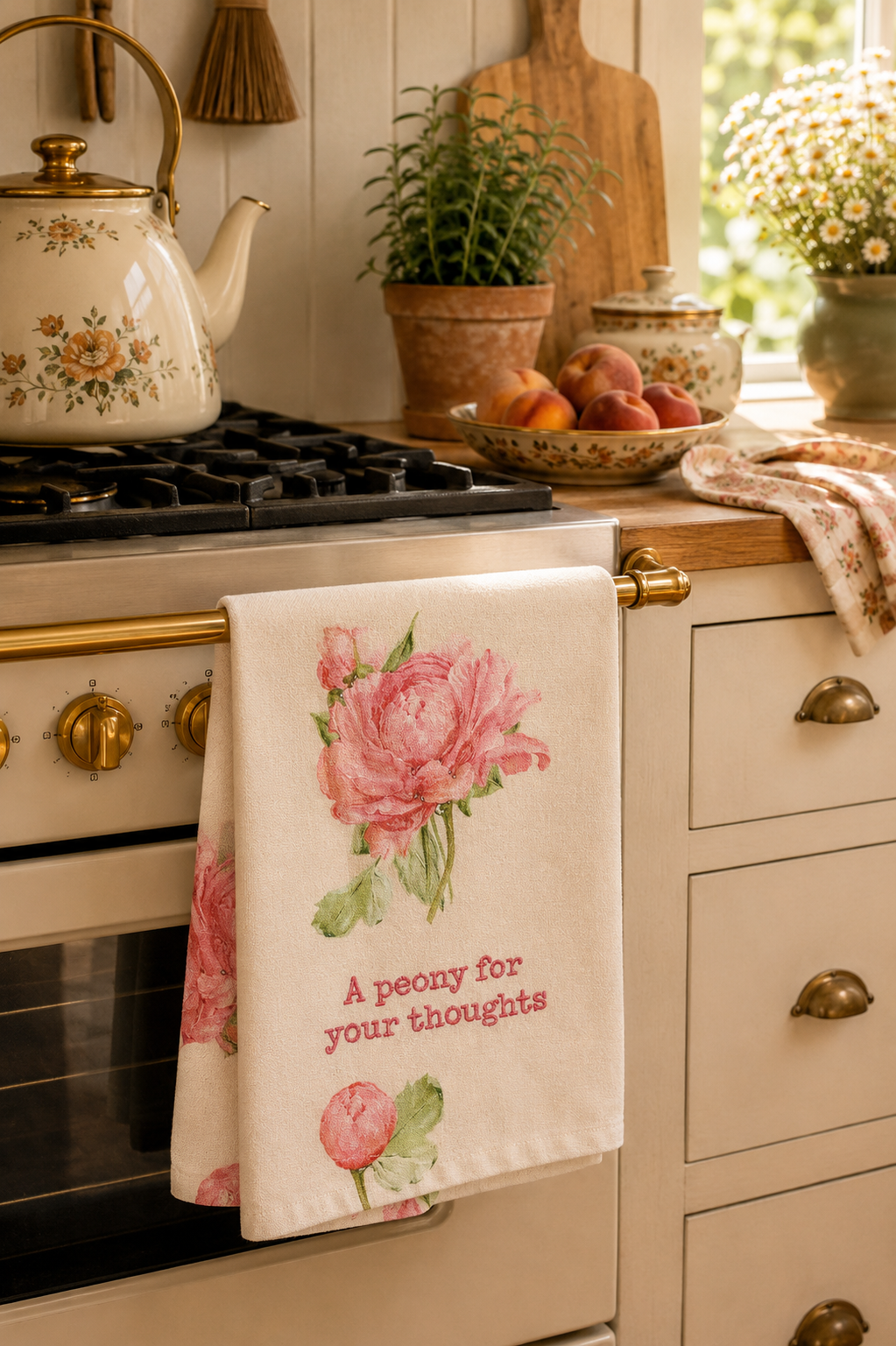 A Peony For Your Thoughts Cottage Kitchen Towel