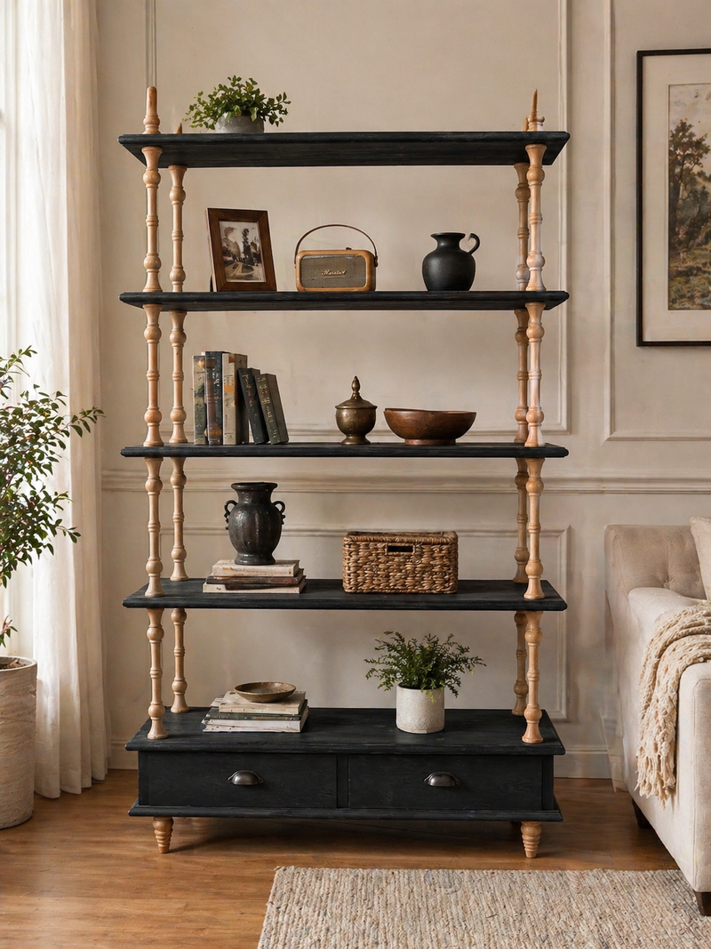 Turned Wood Display Bookcase with Drawer Base
