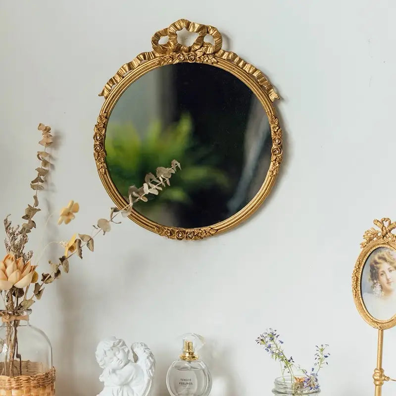 Vintage Round Pewter Mirror | Gold Finish