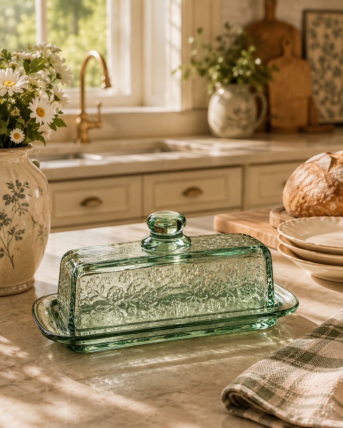Green Floral Cottage Glass Butter Dish