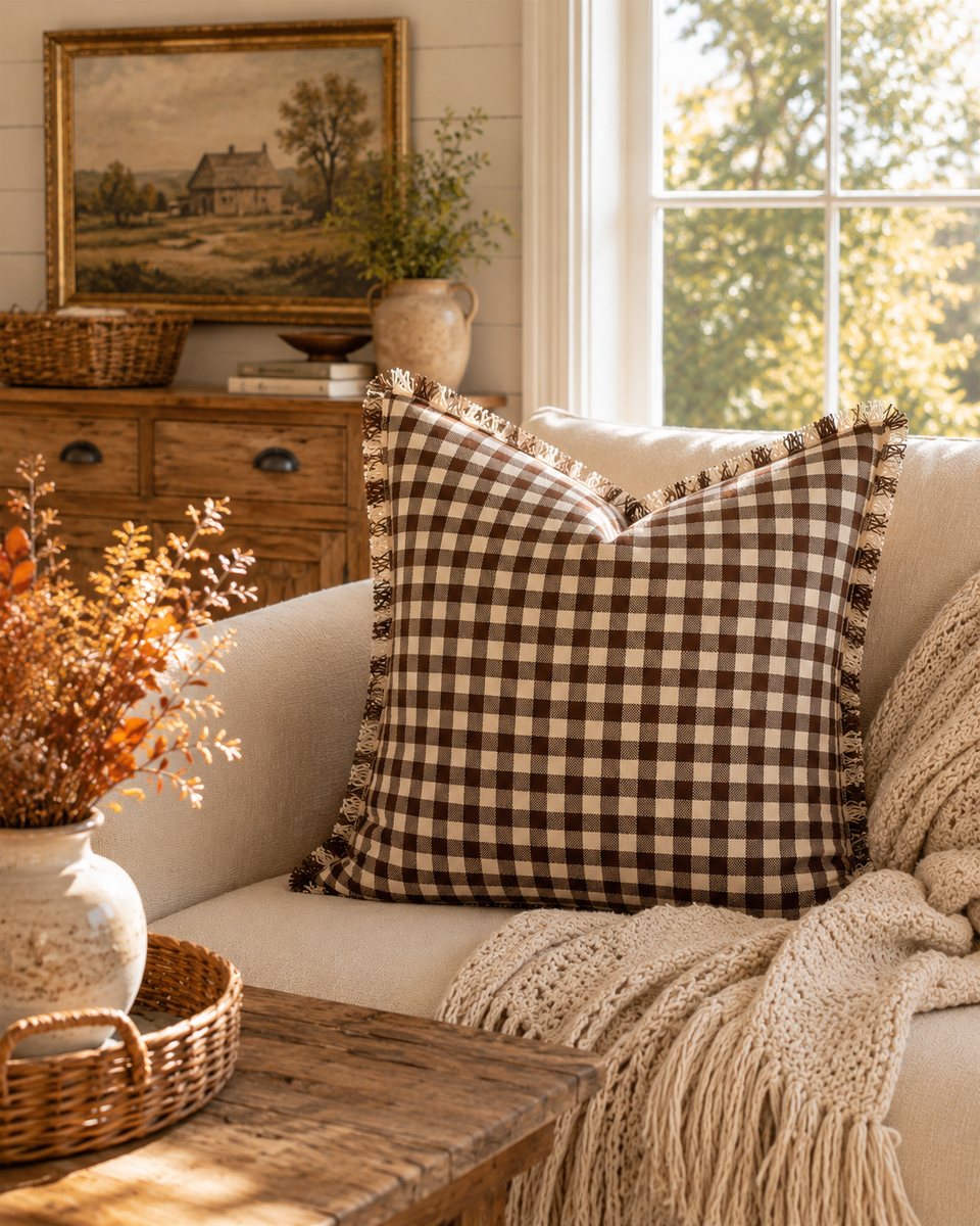 Dark Chocolate and Cream Check Pillow
