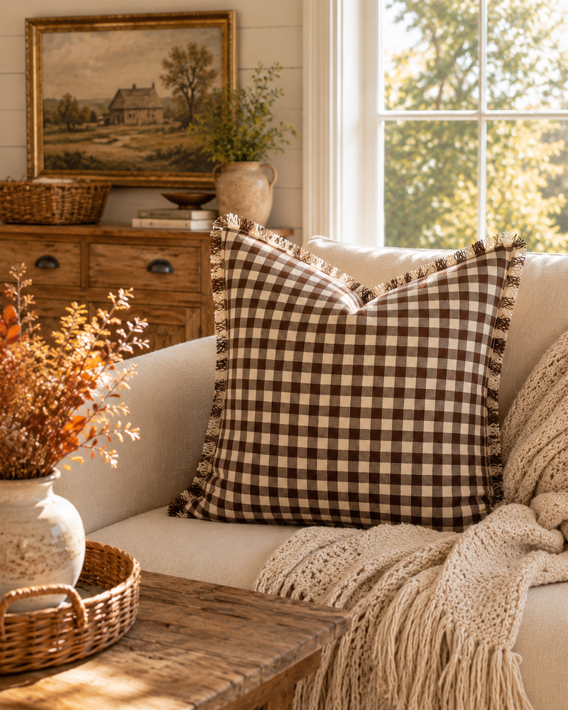 Dark Chocolate and Cream Check Pillow