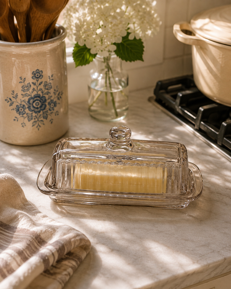 Ribbed Glass Butter Dish | Taupe