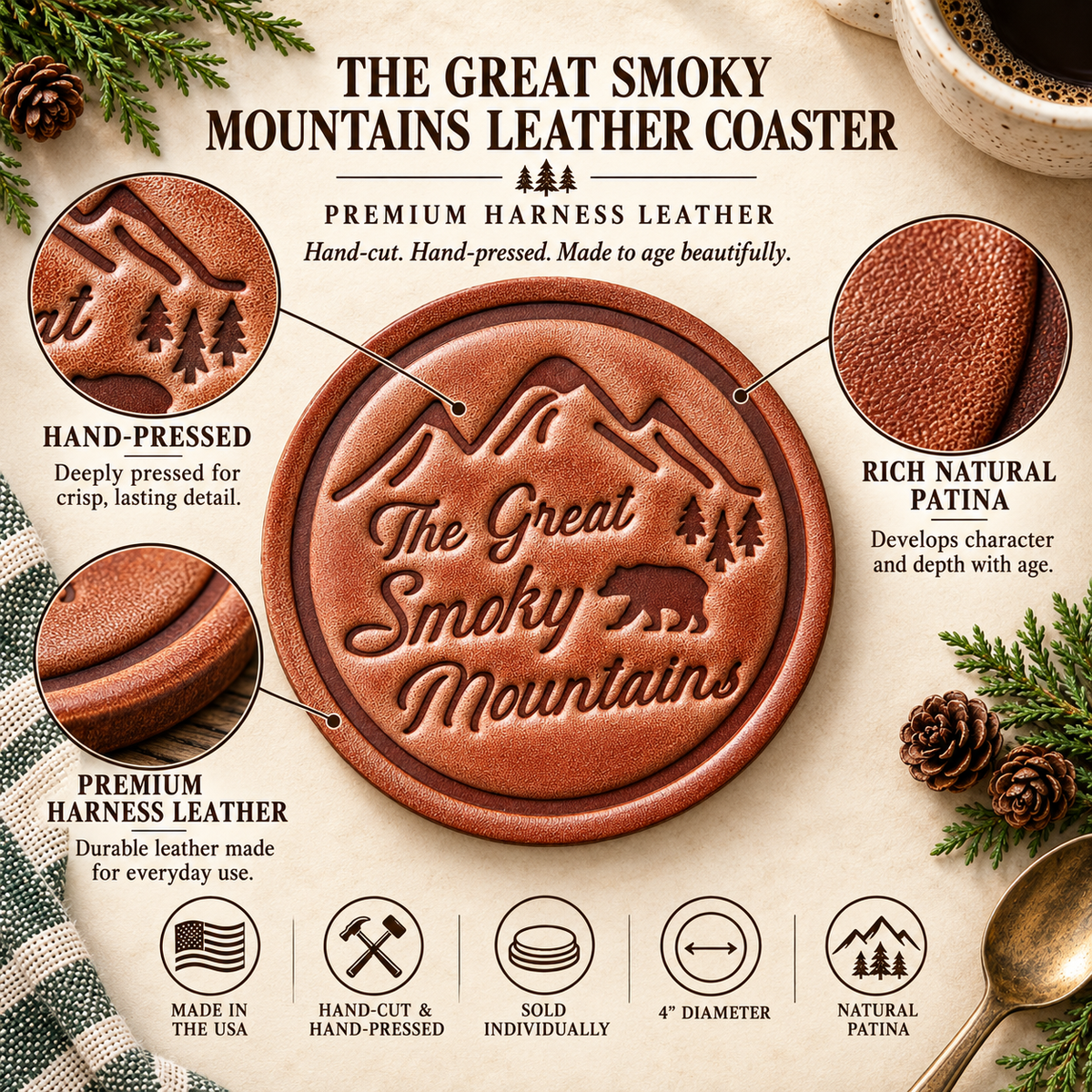 Great Smoky Mountains Leather Coaster