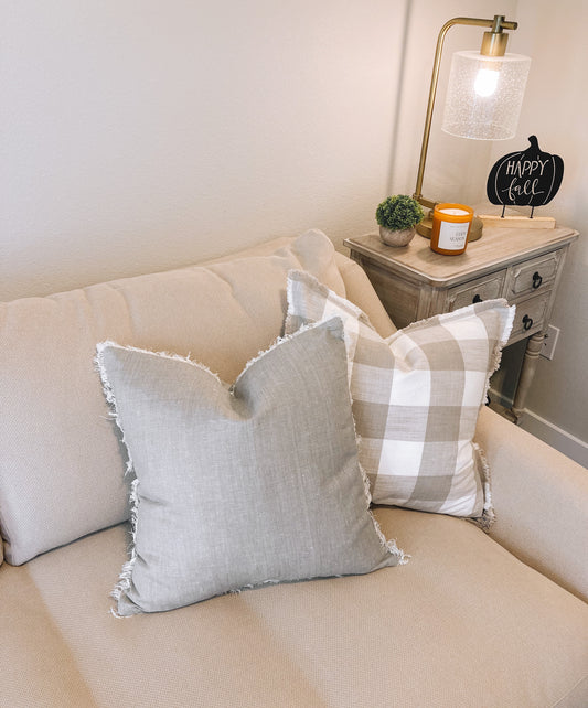 Buffalo Check Fringe Pillow - Taupe