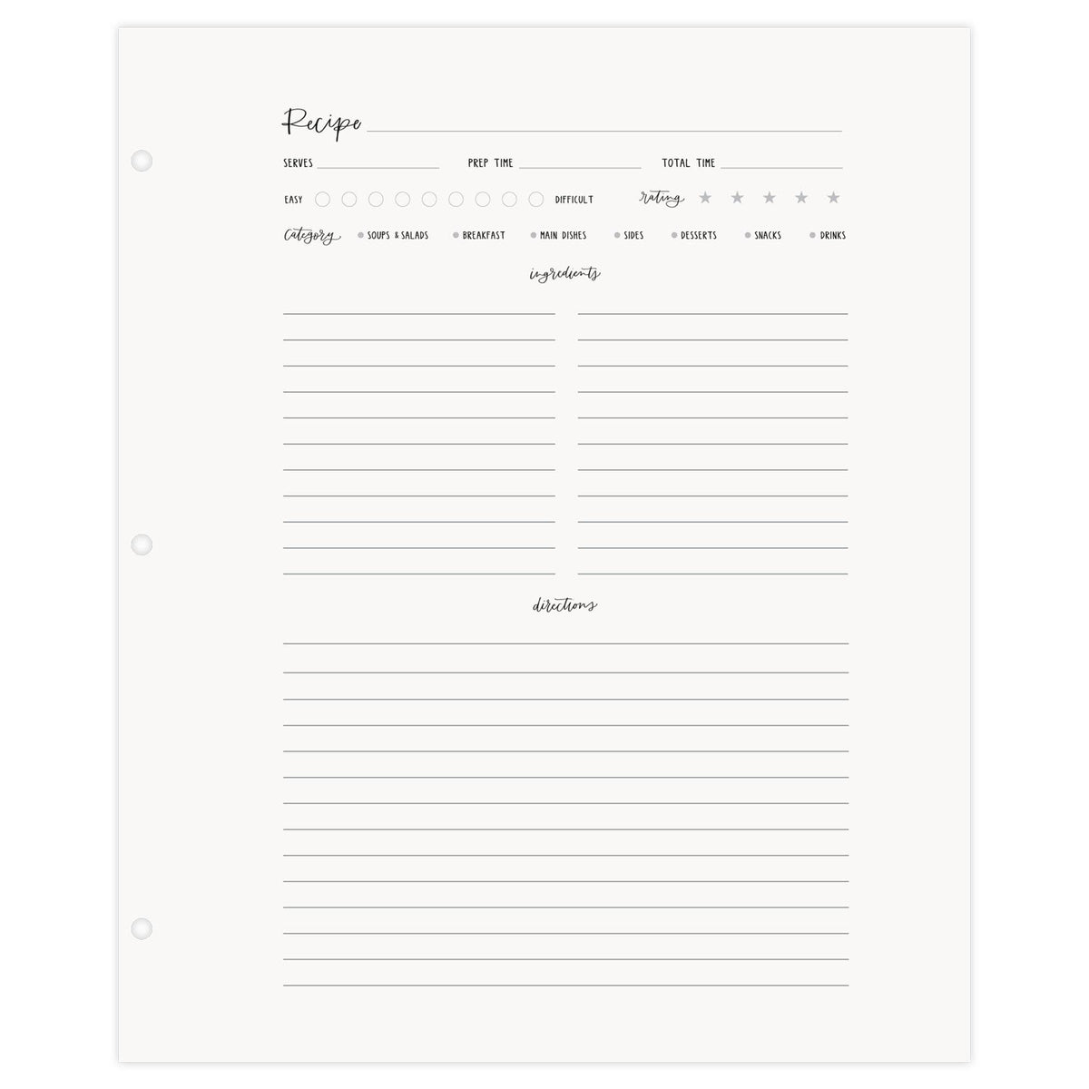 Large Recipe Page Set