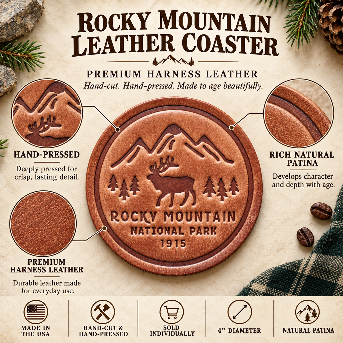 Rocky Mountain National Park Leather Coaster