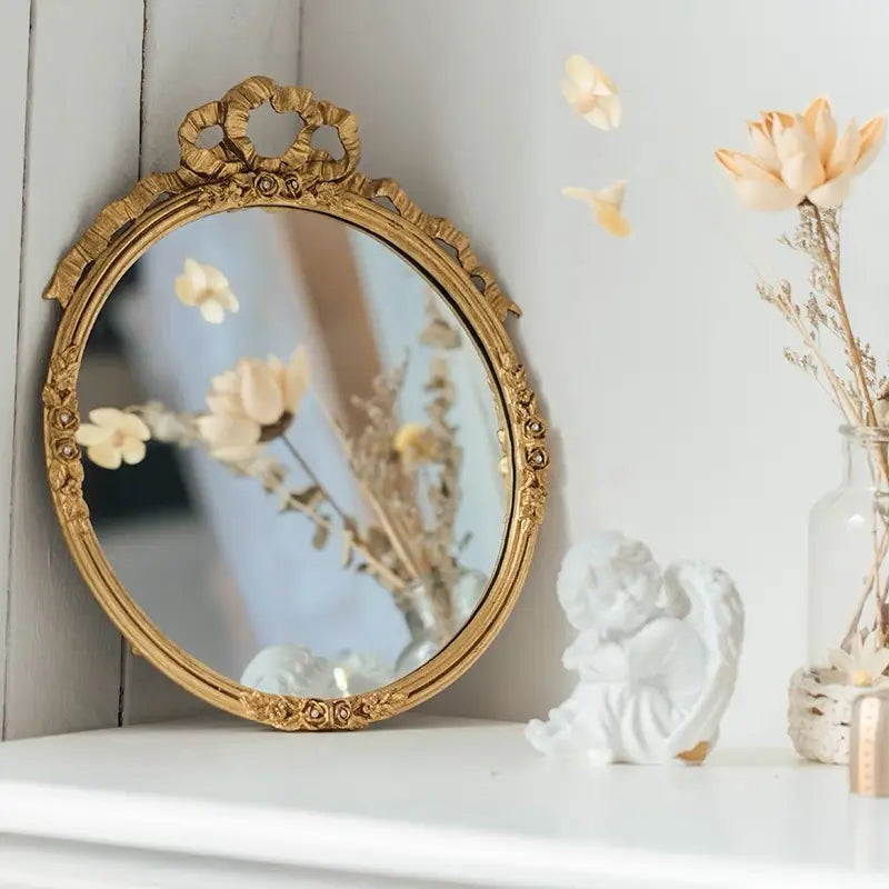 Vintage Round Pewter Mirror | Gold Finish