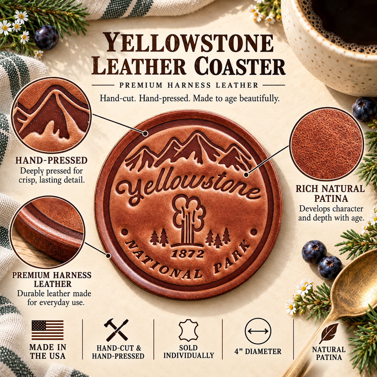 Old Faithful Yellowstone National Park Leather Coaster