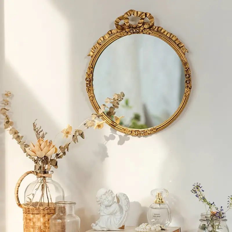 Vintage Round Pewter Mirror | Gold Finish