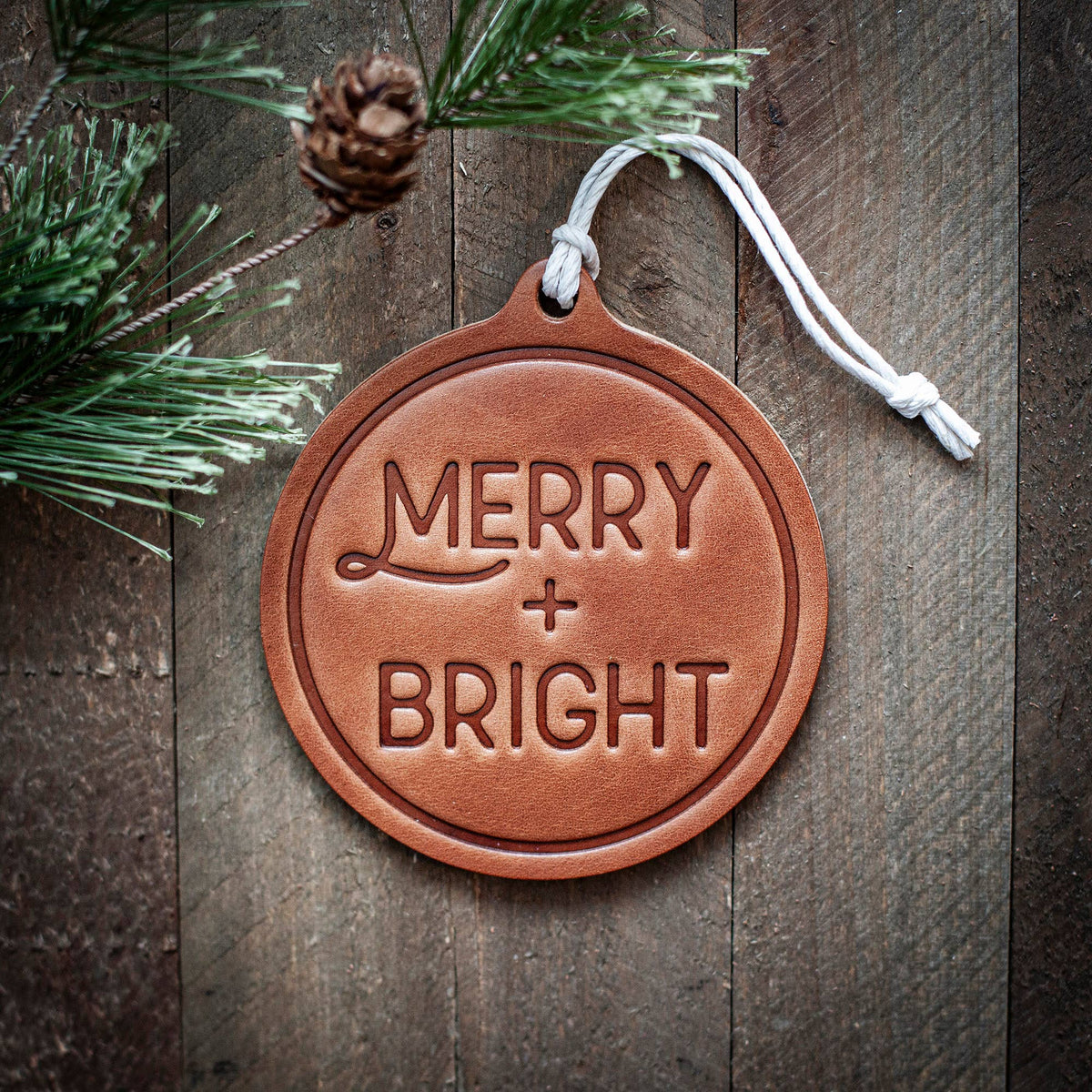 Merry + Bright Christmas Ornament | Leather