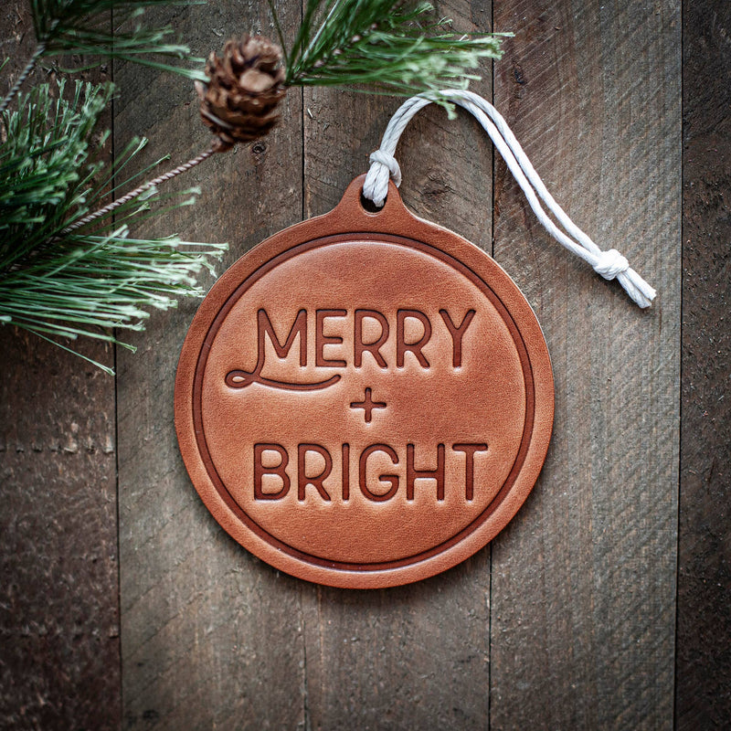 Merry + Bright Christmas Ornament | Leather