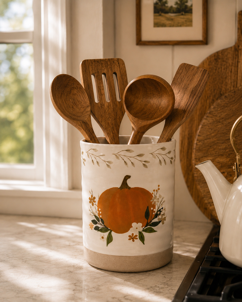 Floral Pumpkin Stoneware Utensil Crock