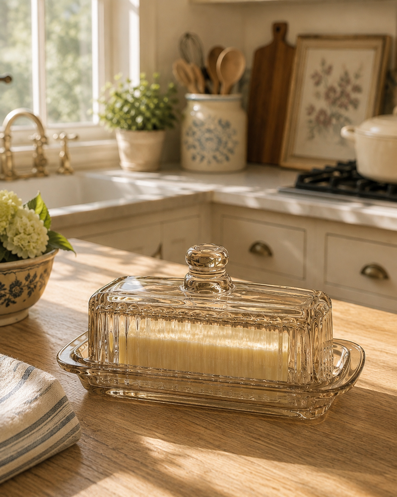 Ribbed Glass Butter Dish | Taupe
