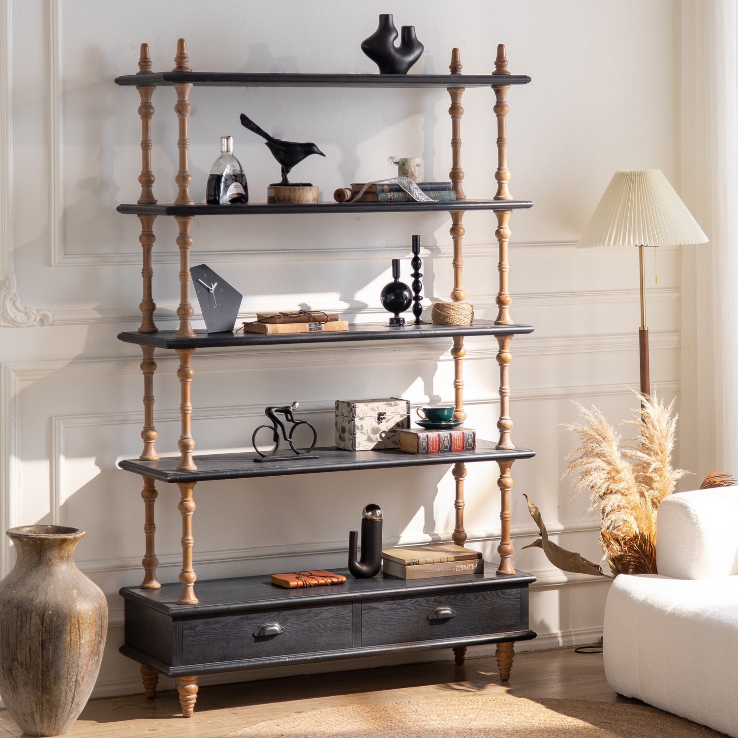 Turned Wood Display Bookcase with Drawer Base