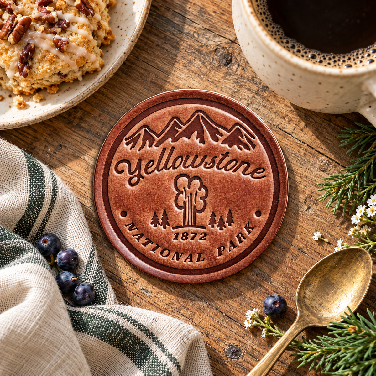 Old Faithful Yellowstone National Park Leather Coaster
