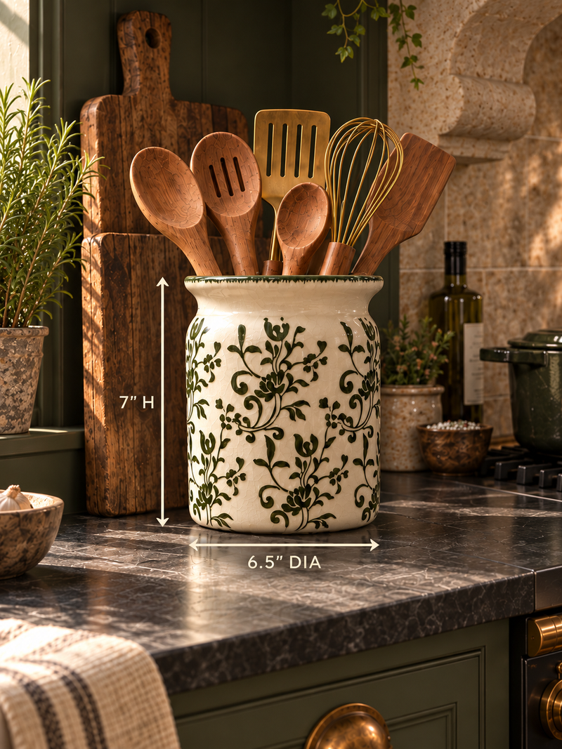 Olive Vine Ceramic Utensil Crock | Green Floral Kitchen Crock